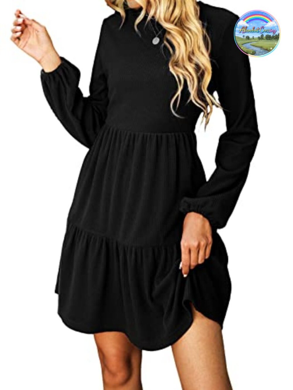 Ribbed Knit Bishop Sleeve Mini Dress Crewneck Babydoll Fit